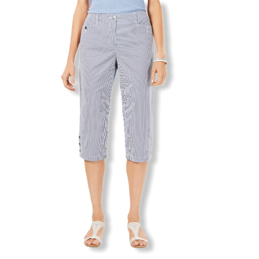 Karen Scott Stripe Button-Cuff Capris Pants